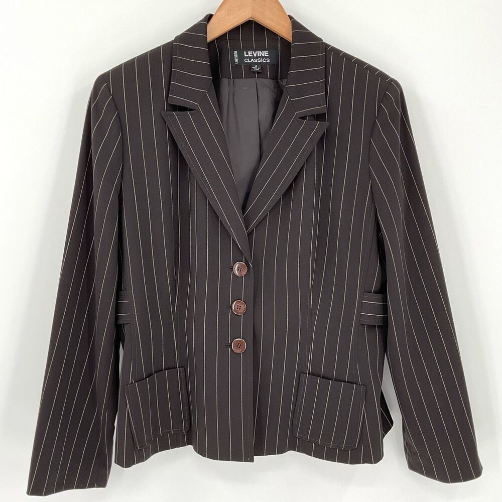 Larry Levine Classics Brown Pinstripe Button Front Blazer Jacket Women‎ 14